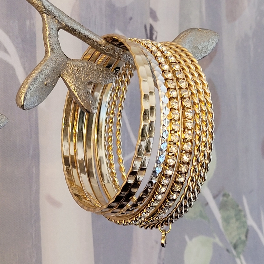 Gold-tone & Rhinestones Bangle Bracelet Bundle (8 bangle bracelets)